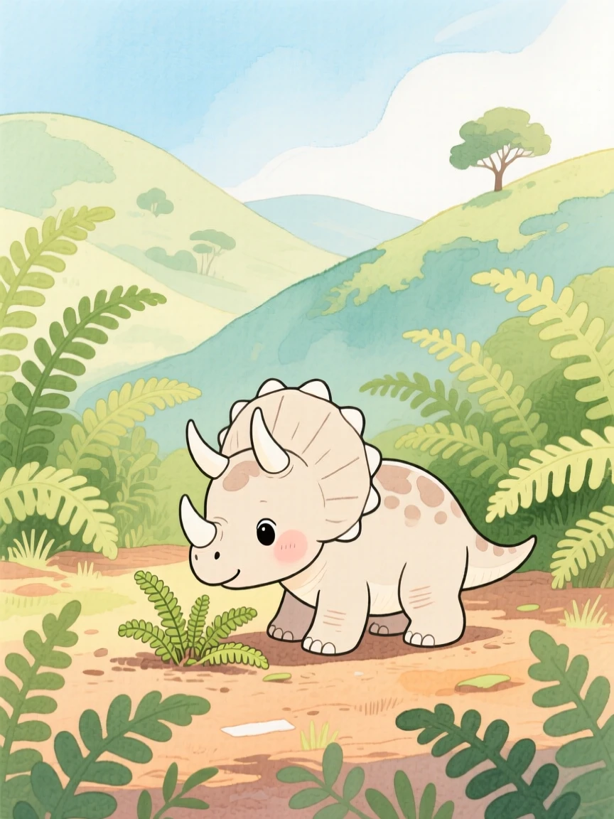A baby triceratops exploring a fern-filled valley, captured in a moment of quiet wonder.
