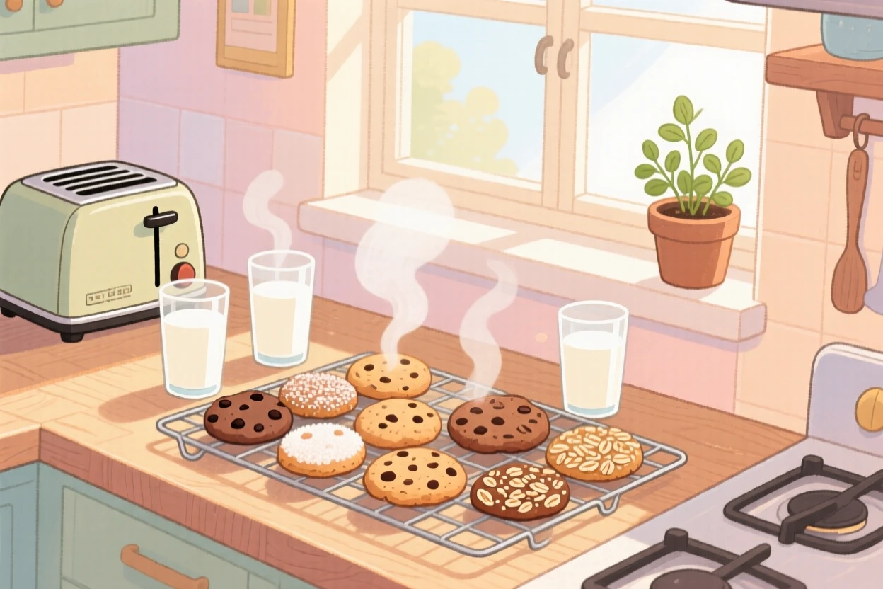 A cheerful kitchen scene of cookies cooling on a rack beside glasses of milk, filled with the warmth of a home-cooked welcome.