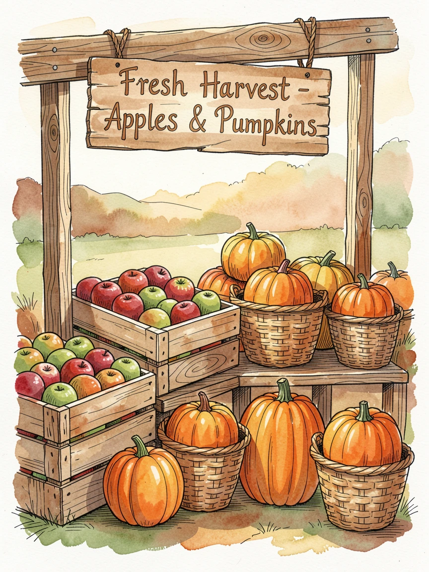 A harvest scene with baskets of apples and pumpkins at a farm stand, soft light and seasonal color bringing the moment to life.