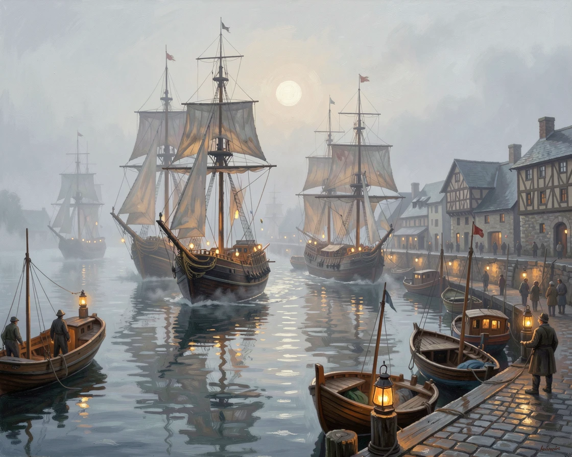 A fleet of tall ships departing a historic harbor, lanterns being lit one by one as the sun sets, beside a bustling harbor filled with wooden ships, on a misty, overcast morning.