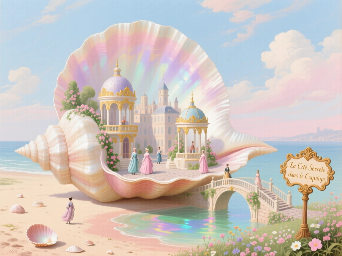 A secret city within a giant seashell on a quiet shore  