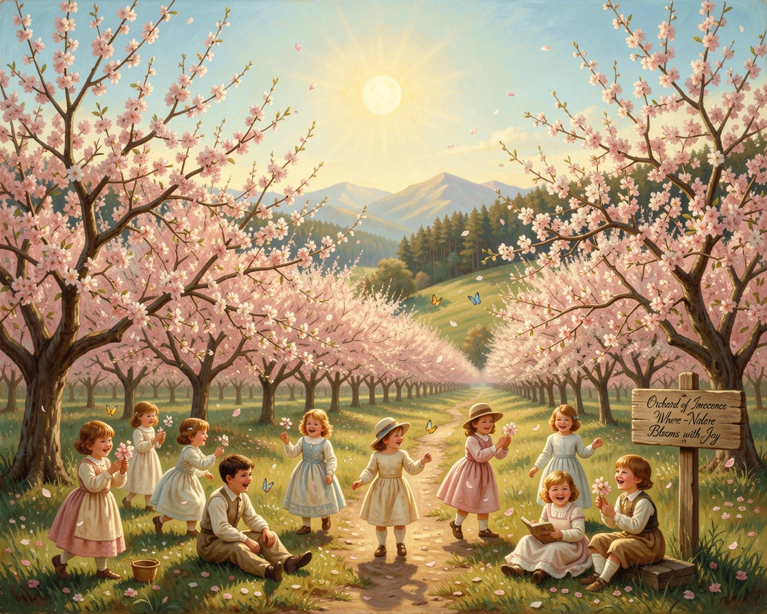Children bloom along blossoming orchards in spring under a blazing summer sun.