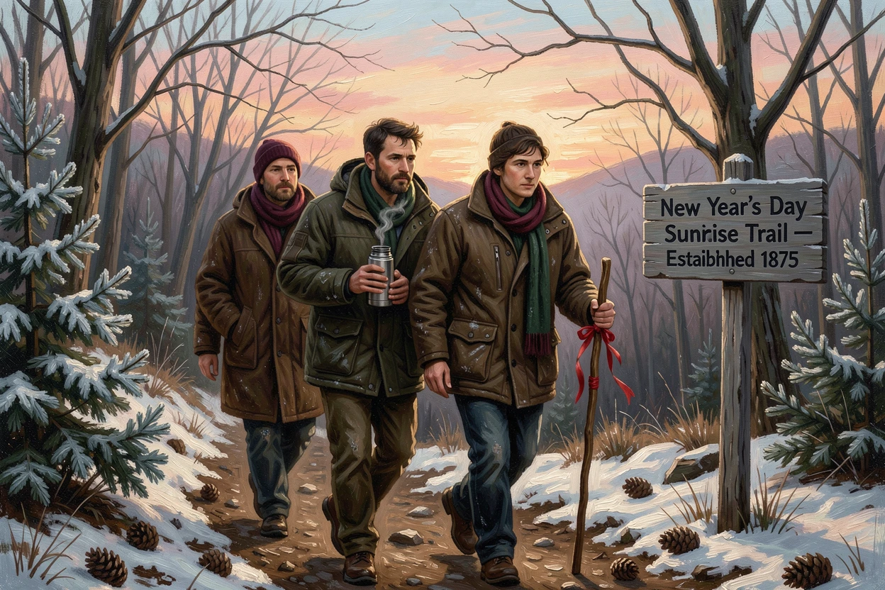 A New Year's Day sunrise hike with friends bundled in warm coats, with cozy, festive details adding charm to the setting, celebrating the beauty and traditions of the time of year