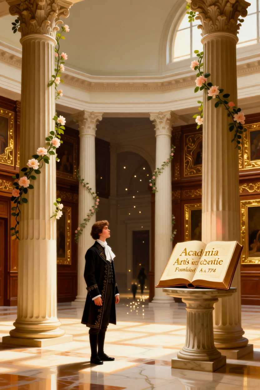 A sunlit atrium framed by Corinthian columns and flowering vines resonating with the faint echo of distant footsteps, set inside a grand academy of art and learning, with intricate carvings, gilded frames, and polished marble underfoot; a lone figure or object provides scale against the soaring architecture, radiating history, refinement, and permanence.