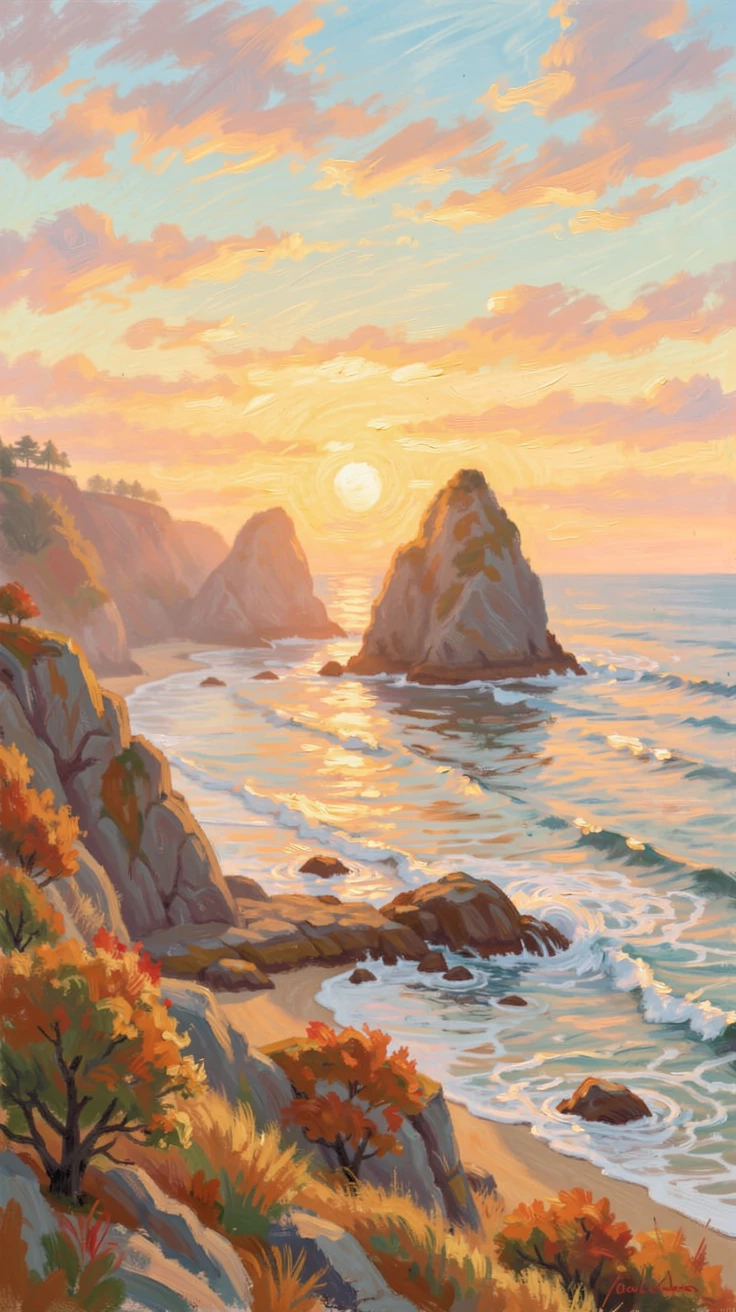 A dramatic coastal sunset with waves crashing against sea stacks along a rugged Pacific shoreline, in the golden days of autumn, evoking timeless charm and quiet elegance.
