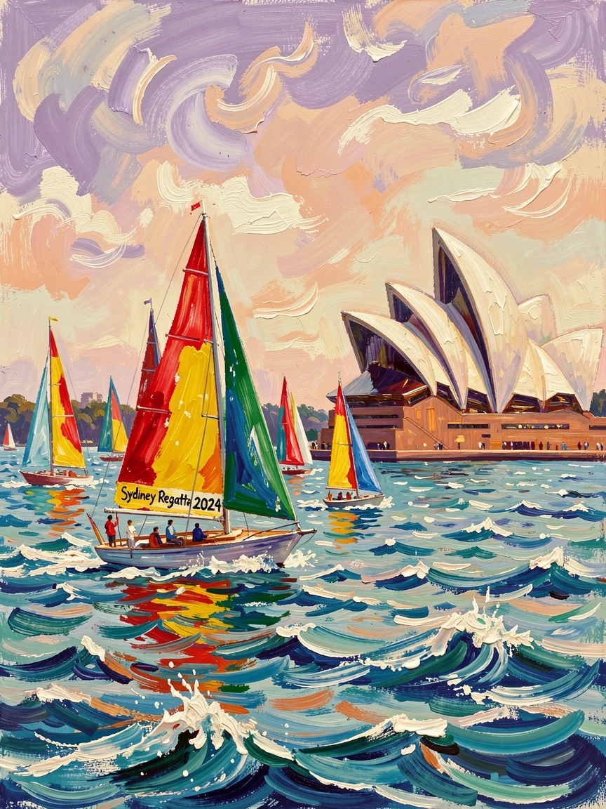 A colorful sailing regatta gliding across the bay near Sydney's iconic opera house.