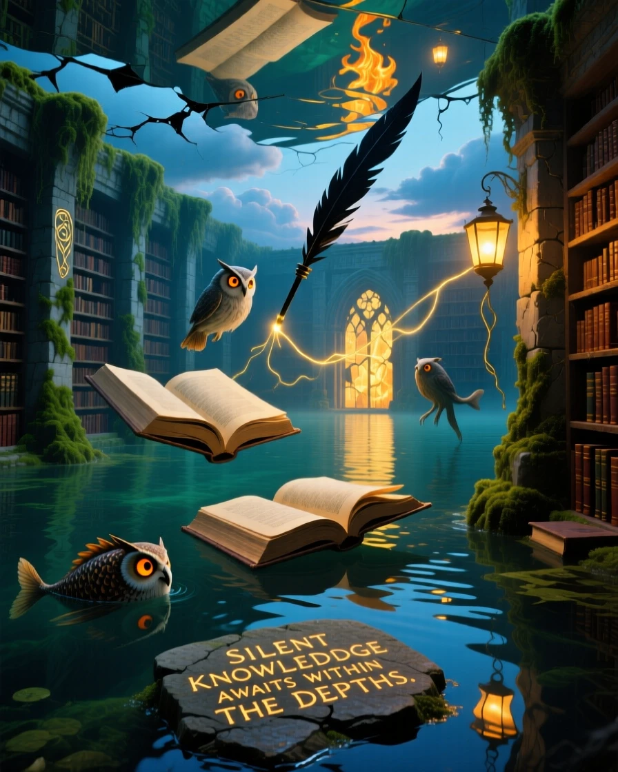 A forgotten library sunk quietly beneath a still, clear lake glows faintly from within as evening settles over it, as faint golden light spills from cracks in its walls.
