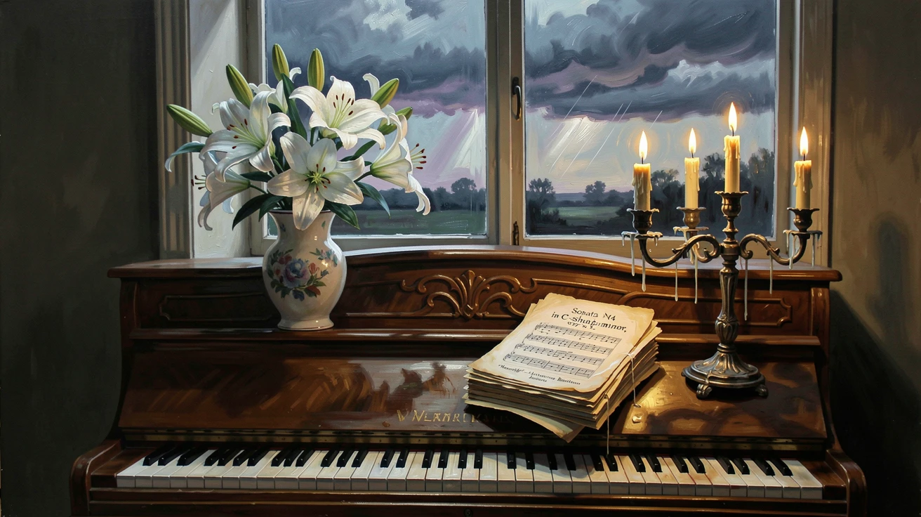 An antique piano top holds a vase of white lilies, a stack of sheet music, and a flickering candelabra in a dimly lit parlor, distant weather visible on the horizon hinting at conditions that will arrive within the hour.