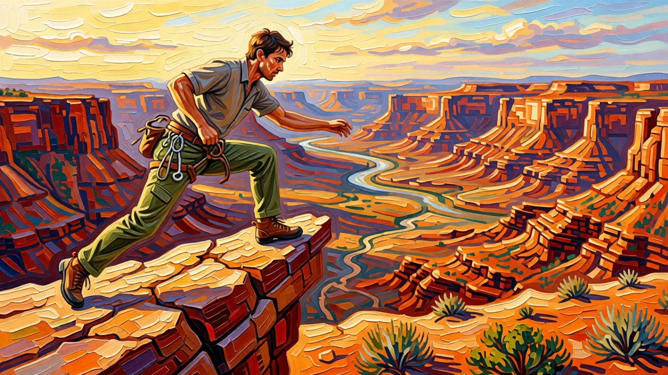 A free climber balanced on a narrow ledge high above a sweeping desert canyon