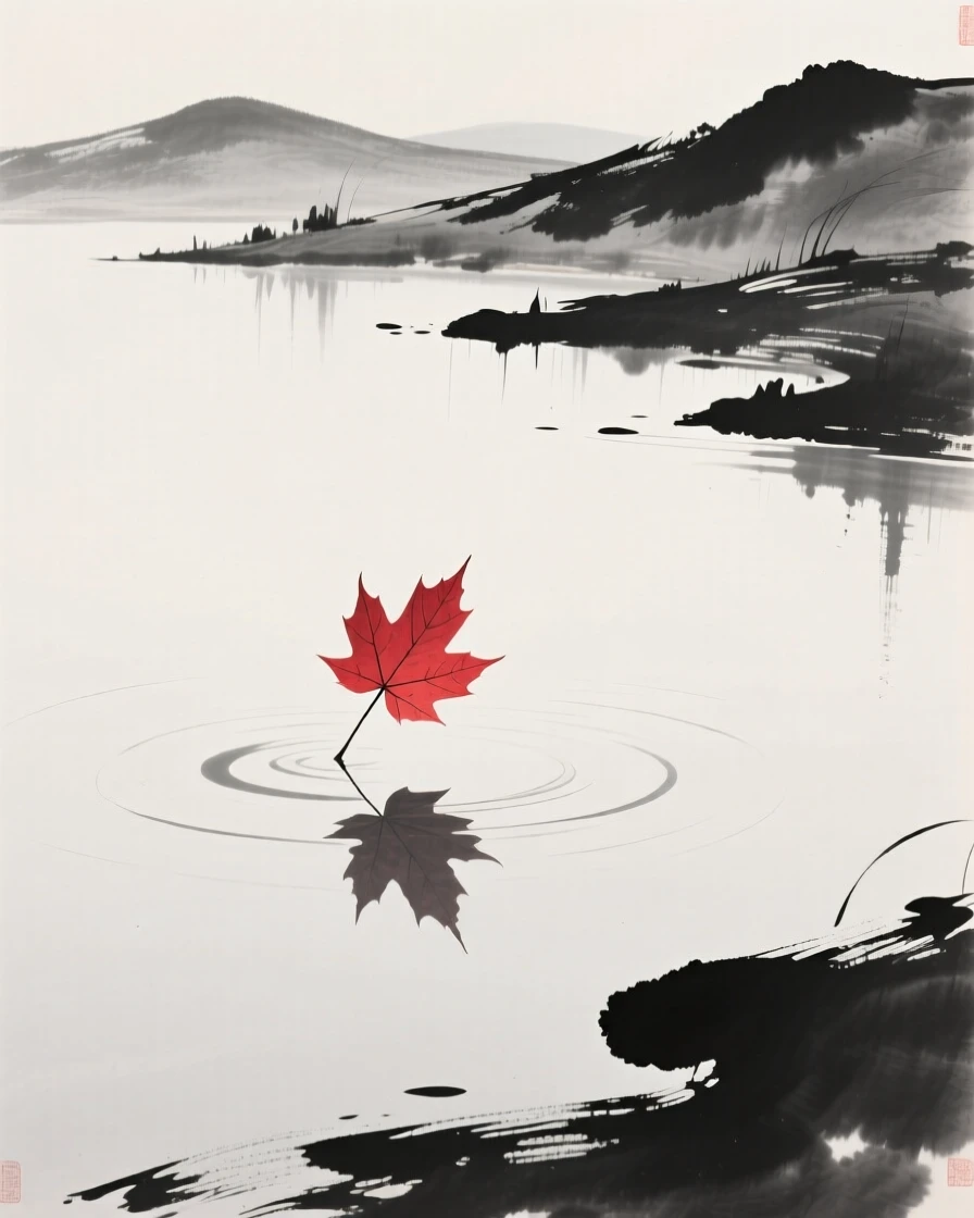 A single red maple leaf drifts down onto the surface of a still pond, as a cool wind sweeps across the hillside.
