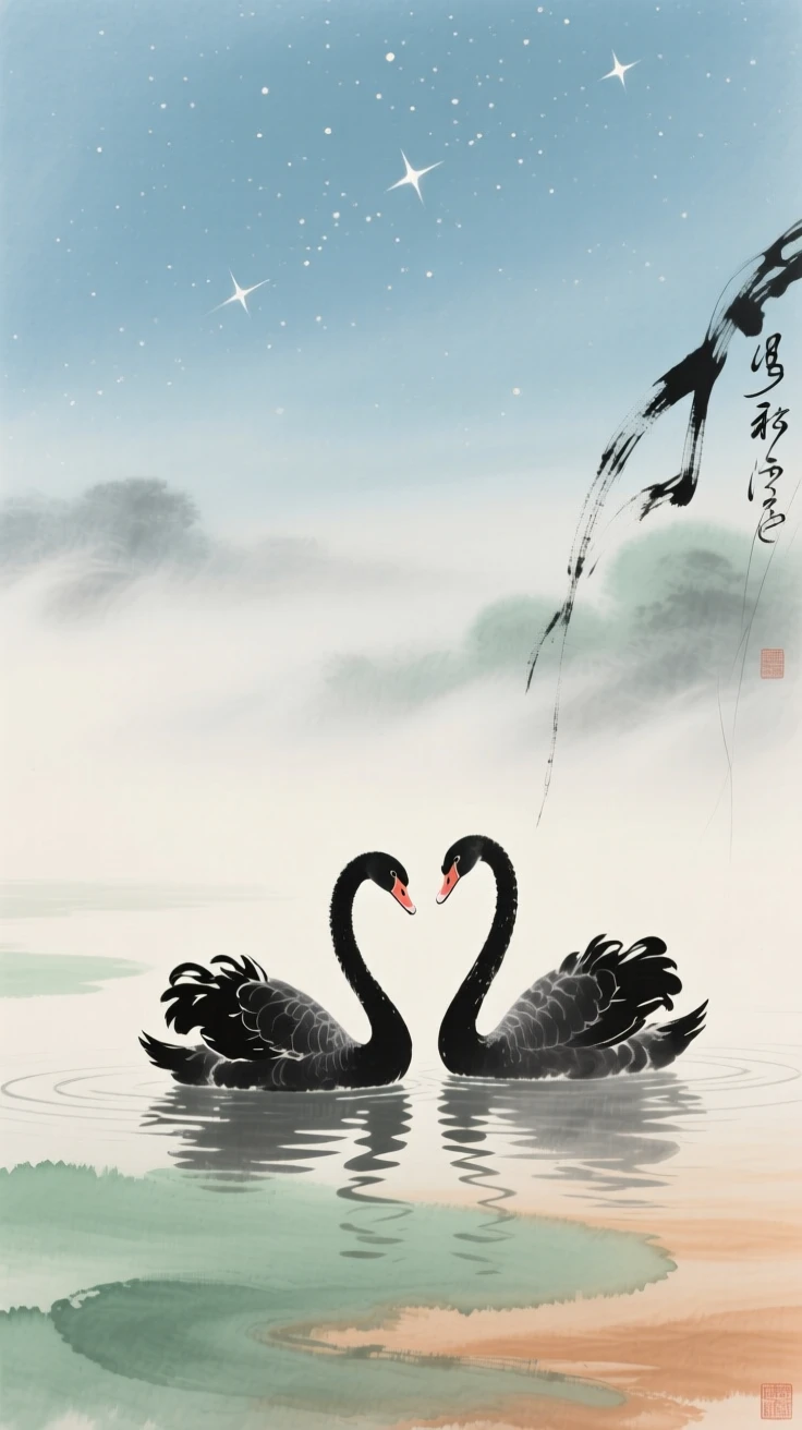 A pair of swans gliding side by side across a quiet lake, through swirling morning fog, under a sky full of stars.