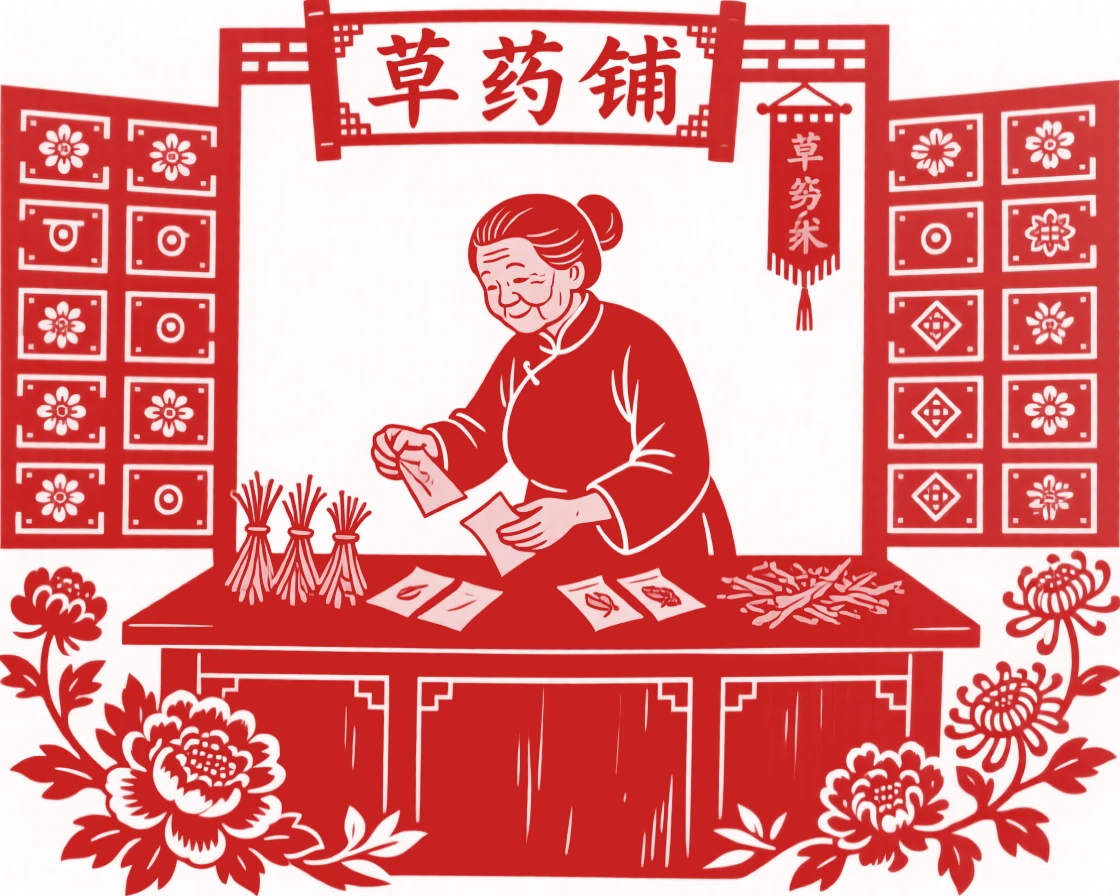 A grandmother sorting dried herbs into small paper packets at a wooden apothecary counter