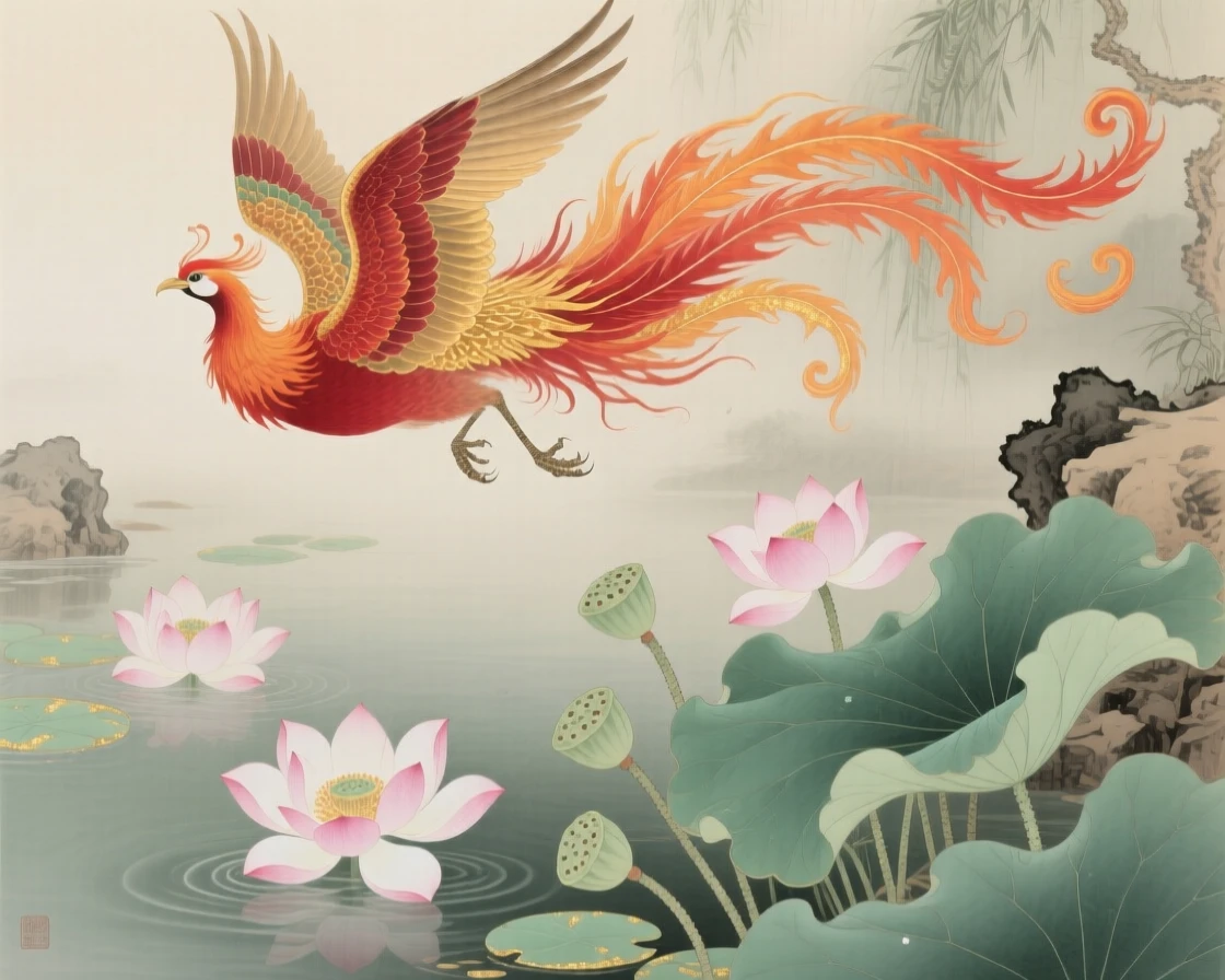 A phoenix with tail feathers like trailing flames above blooming lotus flowers in an otherworldly garden