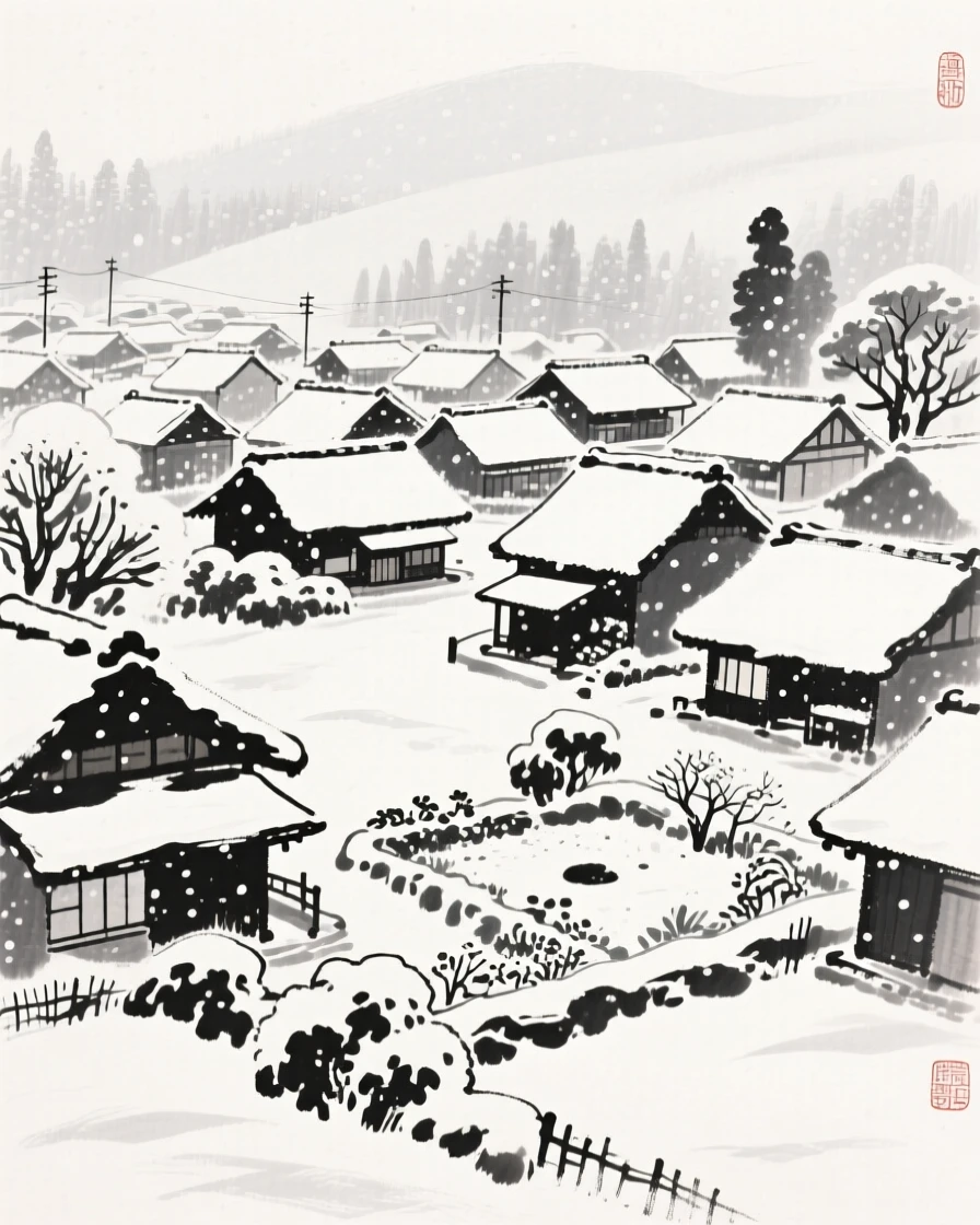 A winter snowfall blanketing a sleeping village within a snow-dusted garden, seen from a gentle elevated view over the gathering below, conveying cozy stillness and seasonal wonder.