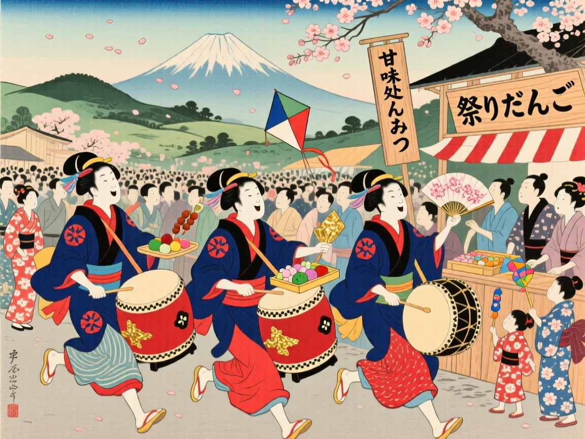 Festival drummers running through the crowd with treats in hand.