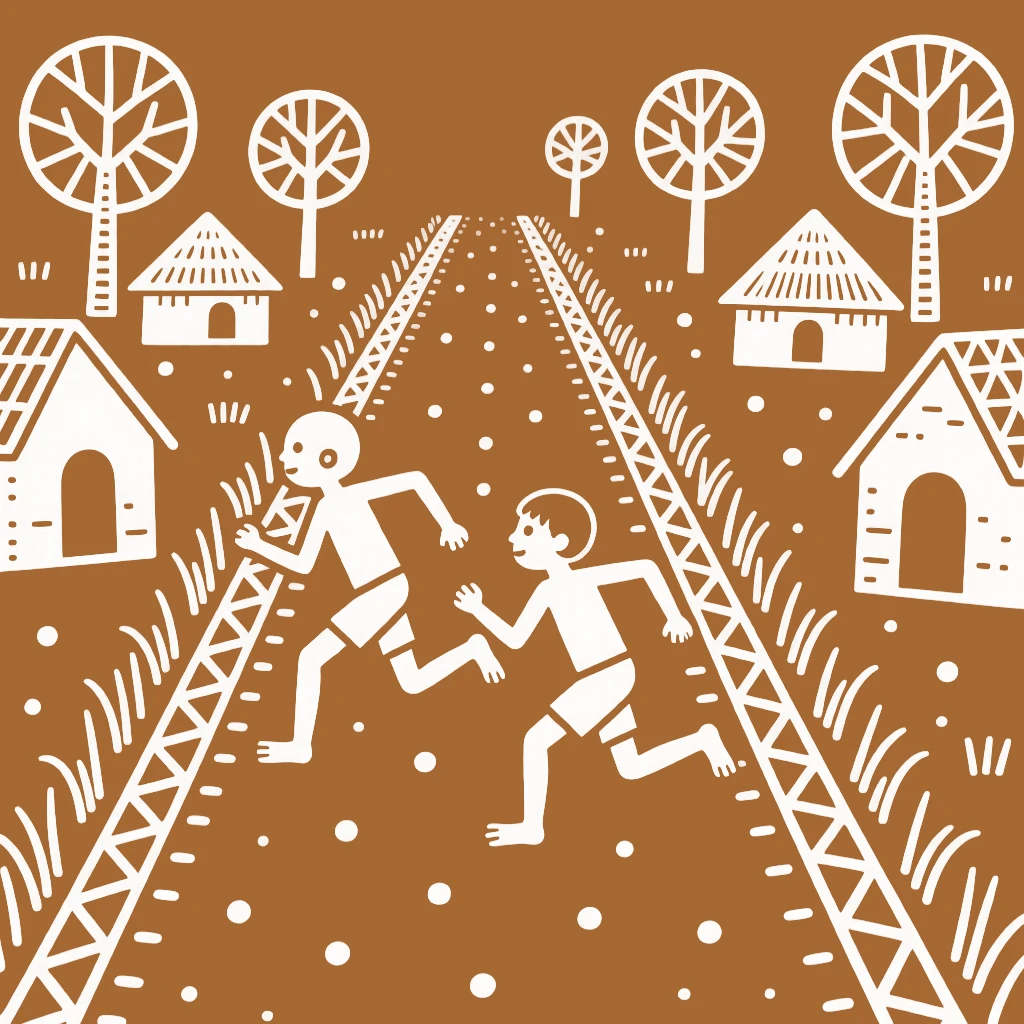 A barefoot boy racing each other down a village path.