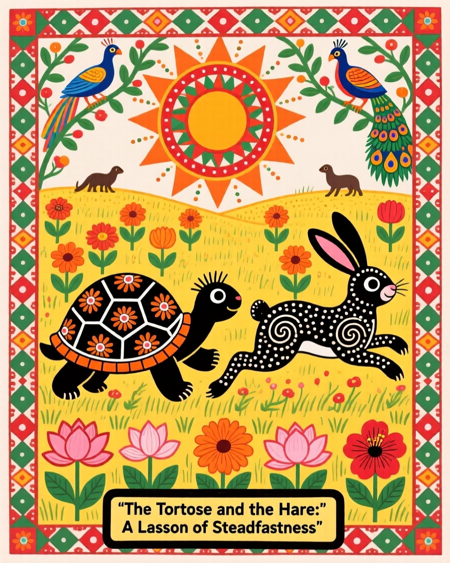 A folk tale of a tortoise and hare racing across a sunlit field.