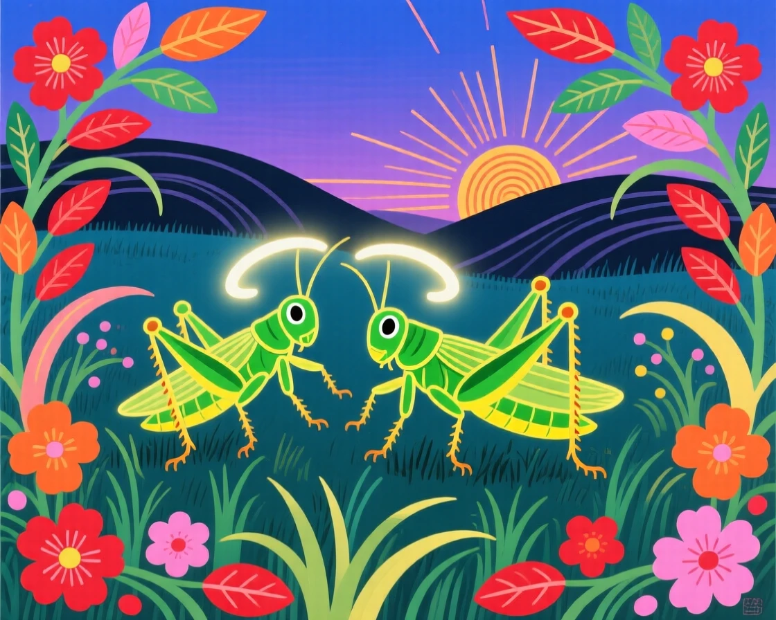 A pair of grasshoppers glowing softly at dusk in a summer meadow.