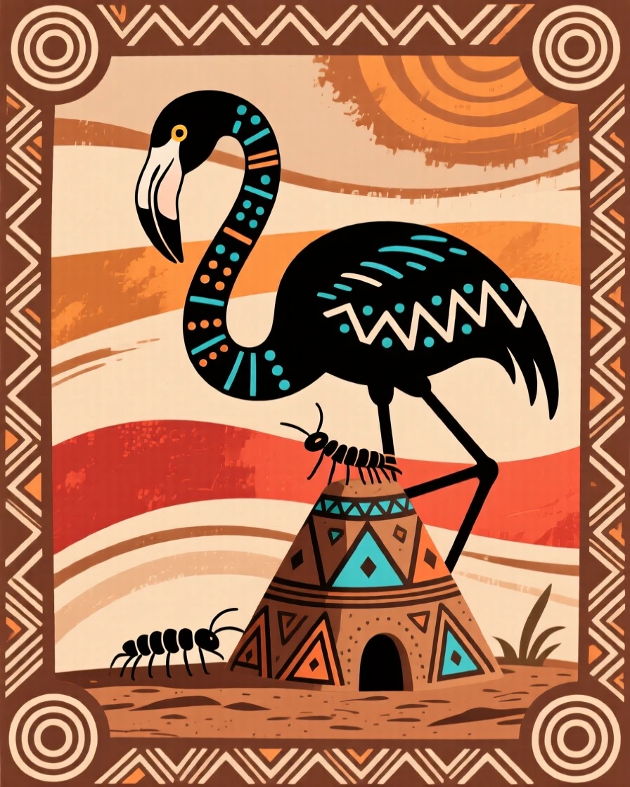 A flamingo grooming beside a termite mound.