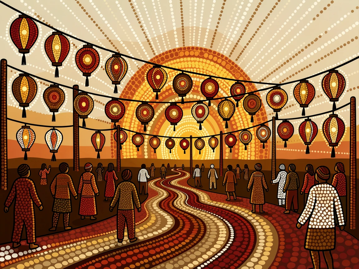 A street festival filled with colorful lanterns at sunrise