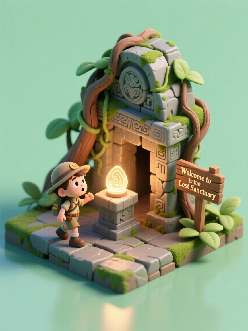 A young explorer discovering a hidden jungle temple, vines pulling back to reveal a glowing ancient artifact within.