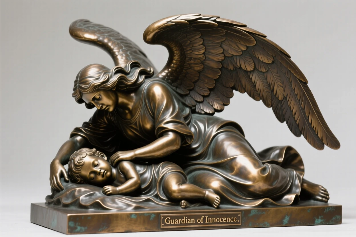 A guardian angel shielding a sleeping child with her wings, captured in a powerful, dynamic pose, radiating awe and grandeur