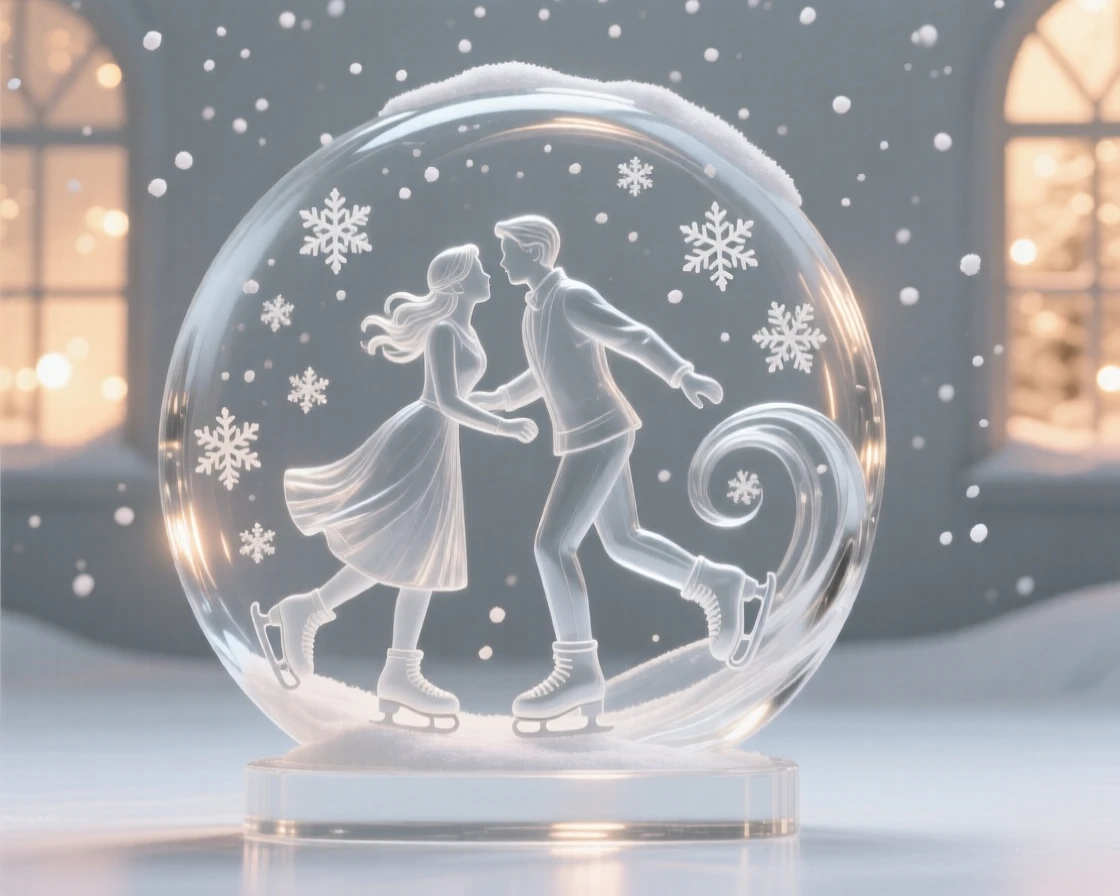 With warm light glowing from every window, a couple ice skating together beneath falling snow, while snowflakes drift slowly past the window