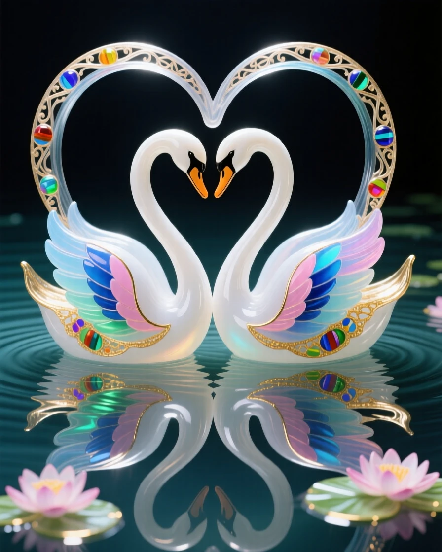 A pair of swans forming a heart above their own rippling reflection, romantic and iconic.