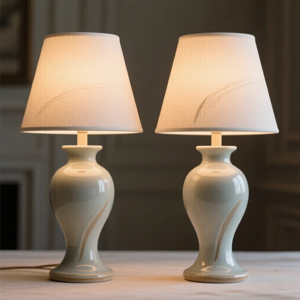 A pair of matching table lamps with soft glowing shades captured in a graceful, polished stance, catching soft light along smooth curved surfaces, capturing graceful beauty fit for a fine interior.