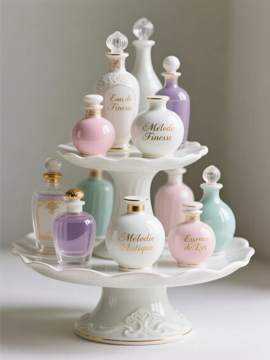 A collection of antique perfume bottles arranged on tiered display stands, softly lit to highlight fine detail.