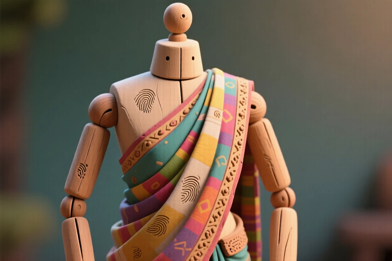 A colorful Indian sari draped elegantly over a wooden mannequin