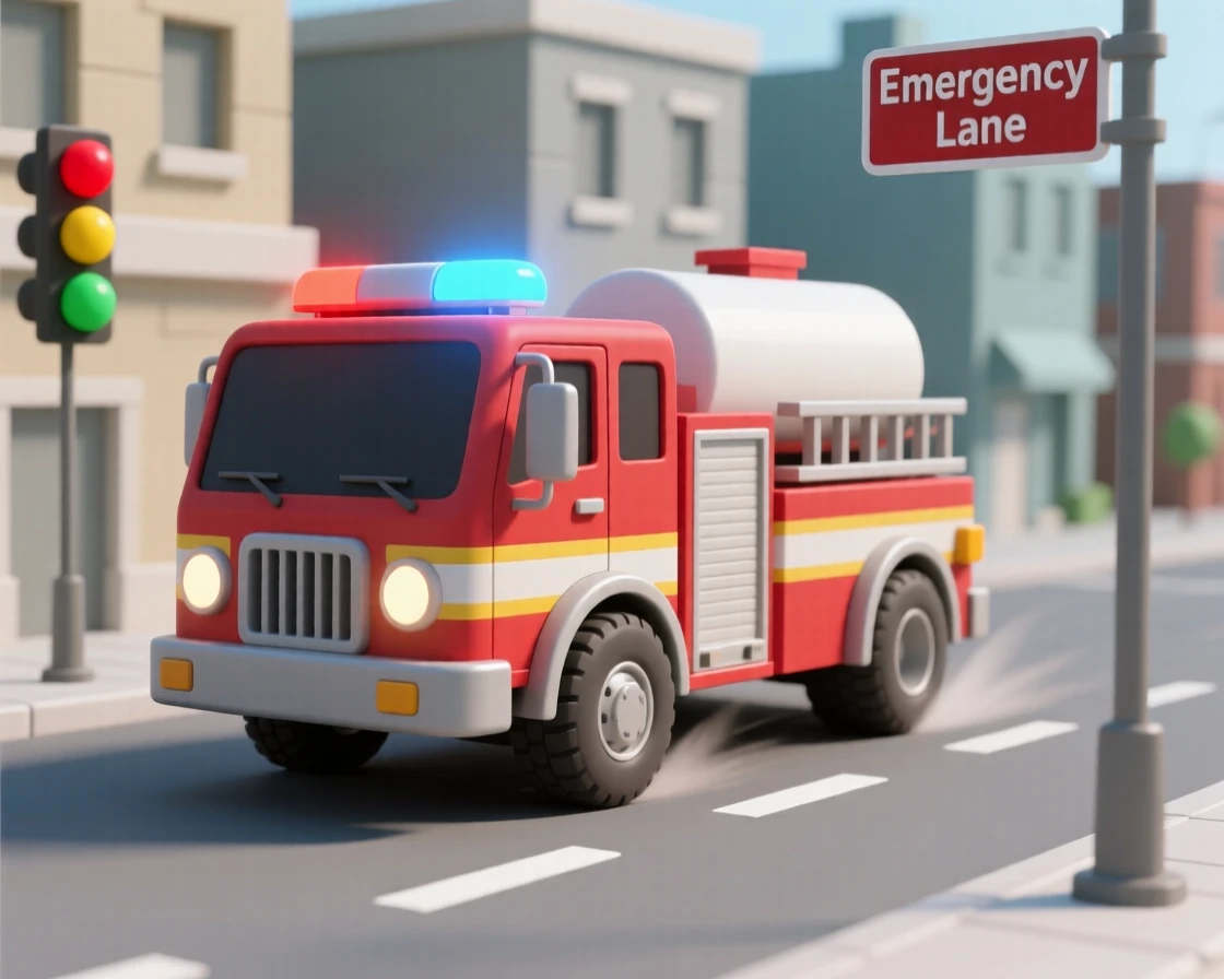 A rugged fire truck races down a city street, lights flashing as it heads toward a distant emergency.