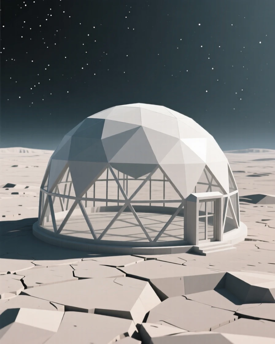 A futuristic greenhouse dome glowing on a barren planet, amid a vast, silent expanse of space. rich color gradients enhance the dreamlike atmosphere. The atmosphere feels serene yet infinite.