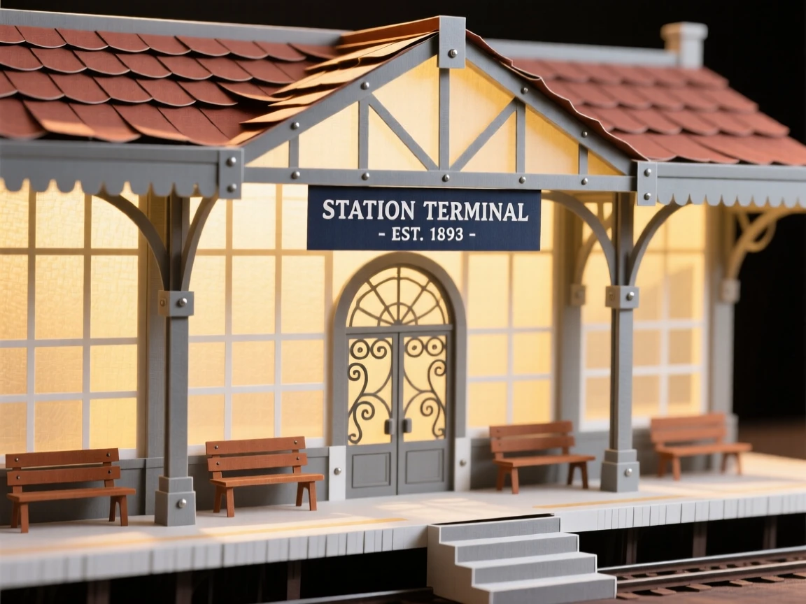 A historic iron-and-glass train station bathed in golden late-afternoon light, with fine architectural symmetry drawing the eye, capturing a sense of awe and craftsmanship.