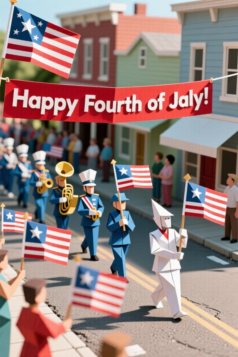 A Fourth of July parade scene with flags waving along a small-town main street.