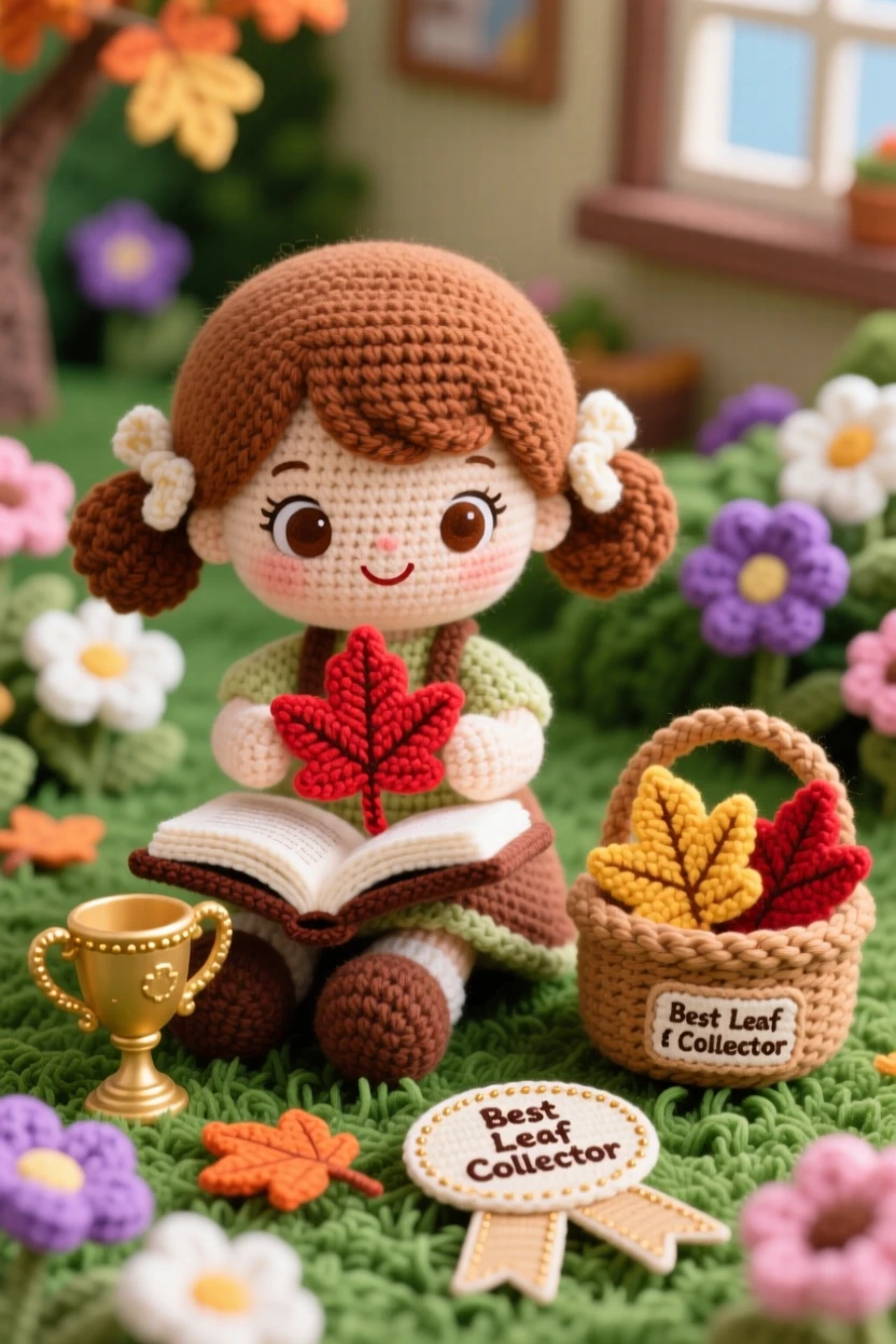 a little girl collecting autumn leaves for a project, with a small basket, is captured pressing a bright red leaf between book pages in a home garden bursting with blooms beside a small trophy or ribbon nearby, showing patient concentration and creative satisfaction.