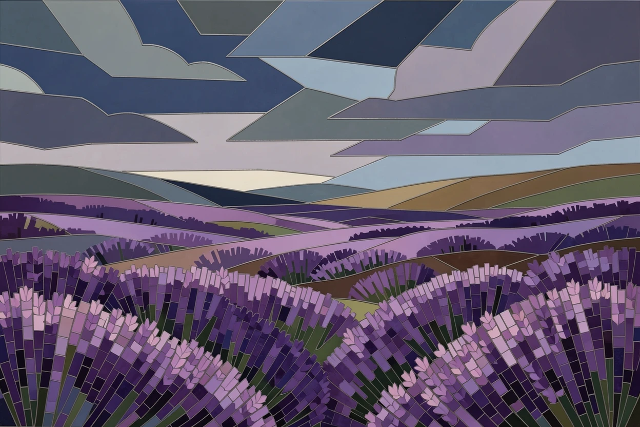 A highland moor covered in purple heather beneath a moody sky.