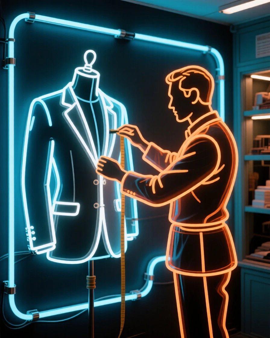 A tailor fitting a suit jacket on a mannequin in a small shop.