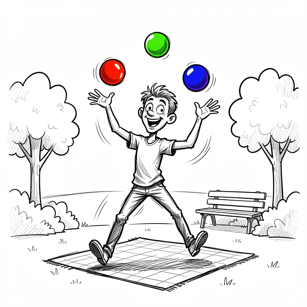 A juggler tossing colorful balls in a park in a backyard on a summer evening.