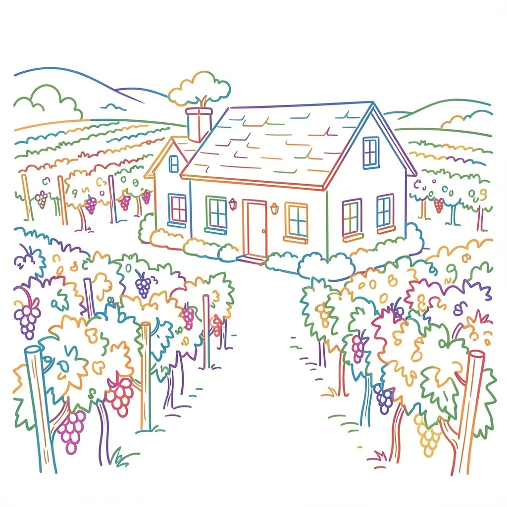 A quiet vineyard cottage surrounded by rows of ripening grapevines.