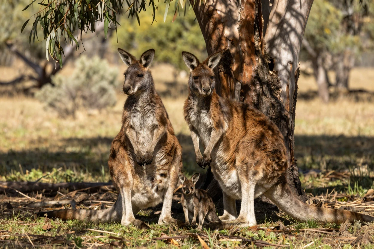 A kangaroo family resting in the shade of a gum tree