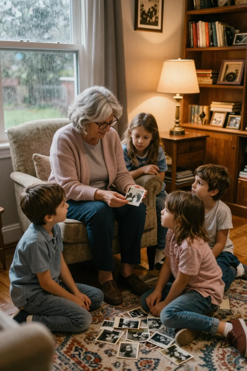 A grandmother shows old photographs to her curious grandchildren on a rainy afternoon.