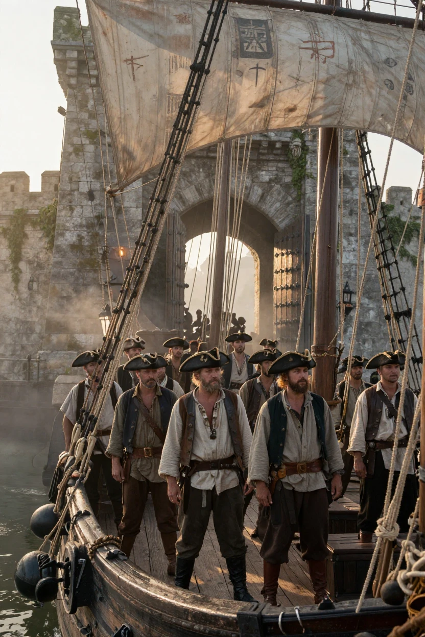 A crew aboard an old world galleon standing before the gates of an old walled city