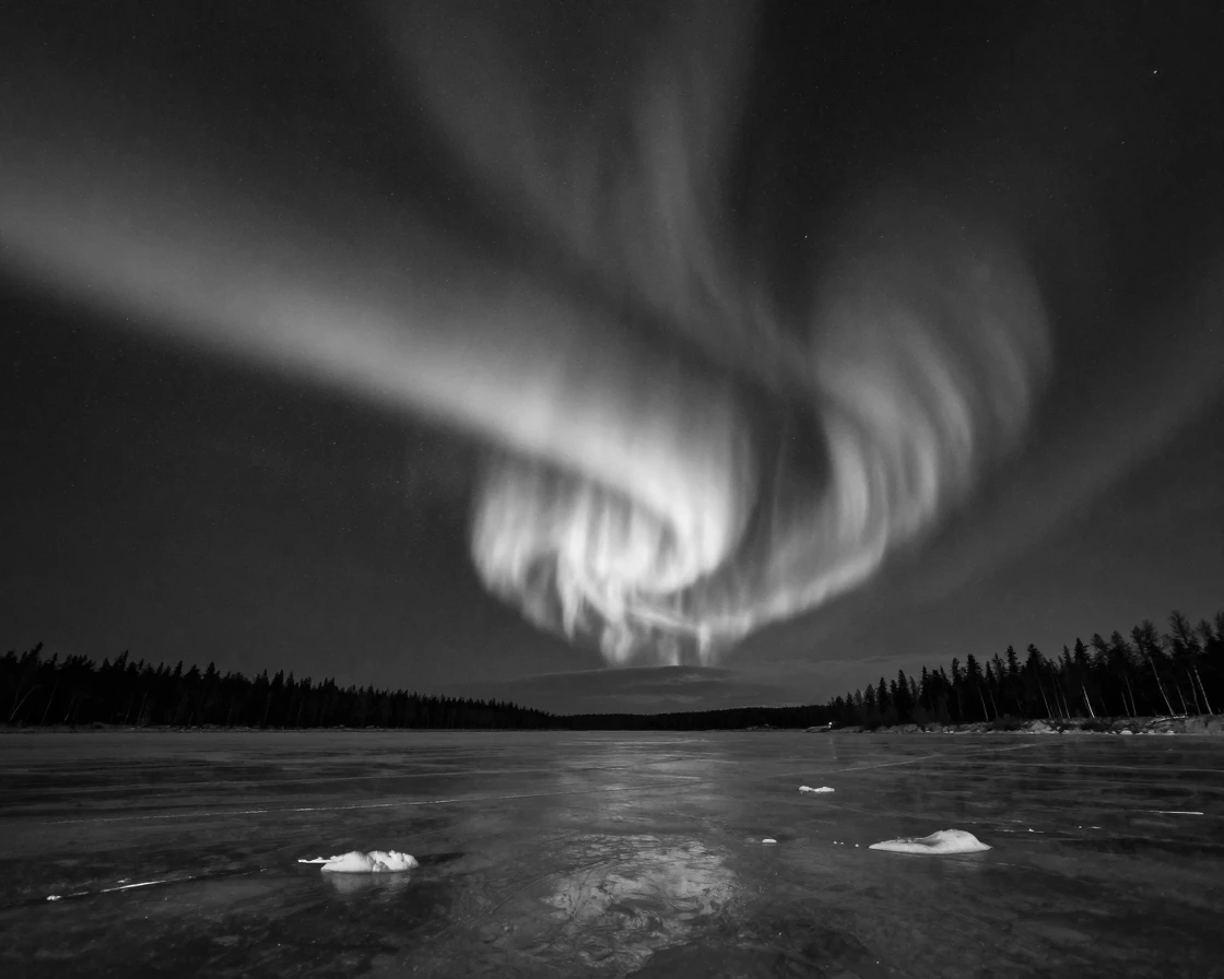 The aurora borealis ripples in brilliant green waves overhead above a frozen northern lake.