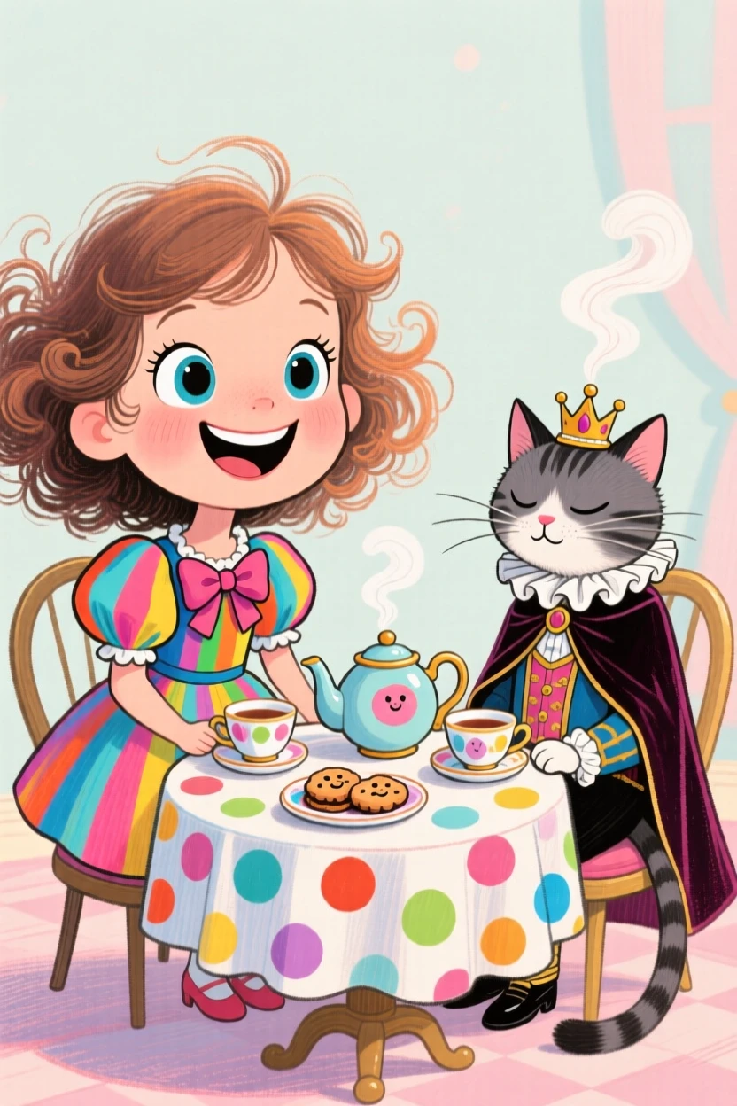 A little girl having a tea party with her patient, costume-wearing cat.