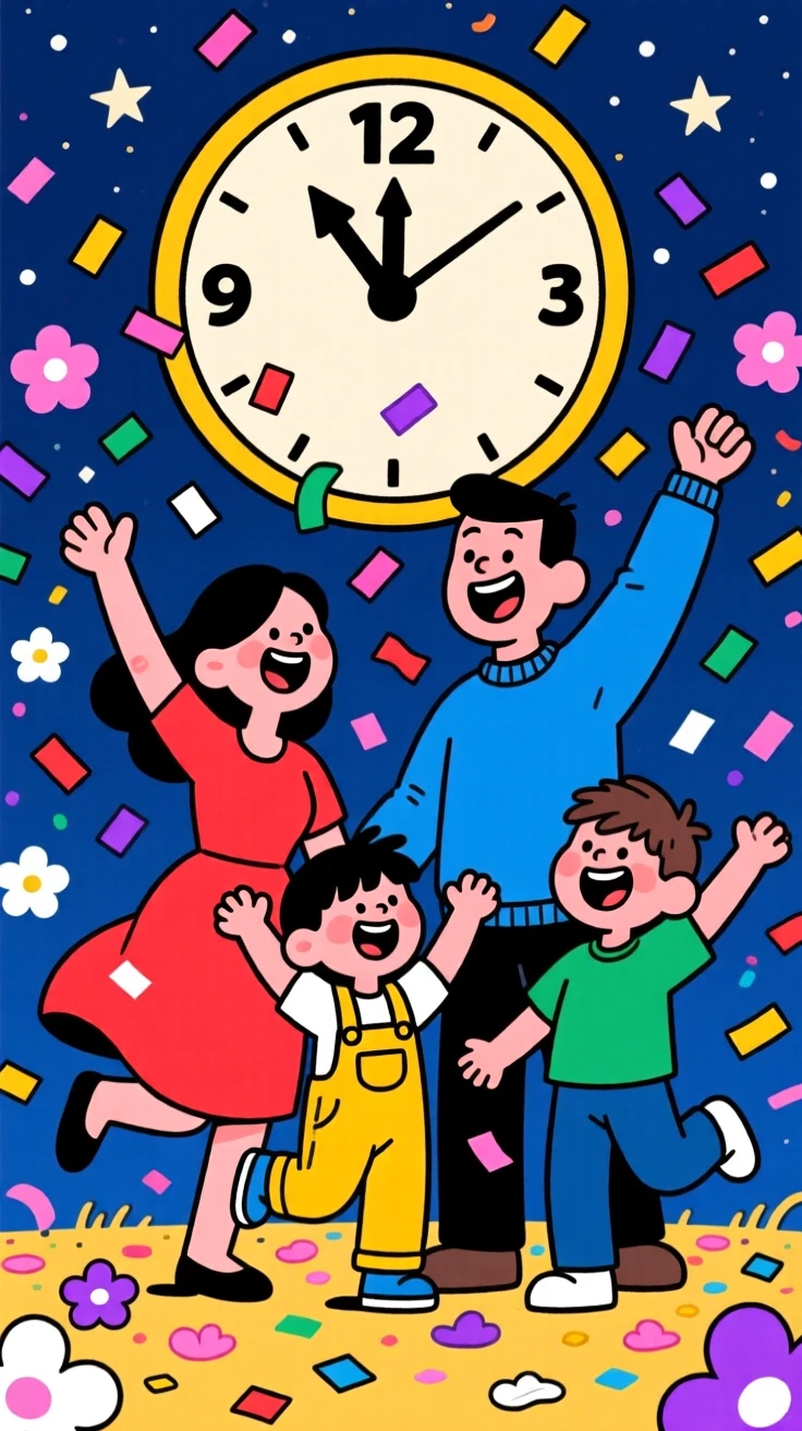 A festive celebration scene of a family throwing confetti in the air at midnight, as flower petals drift through the air.