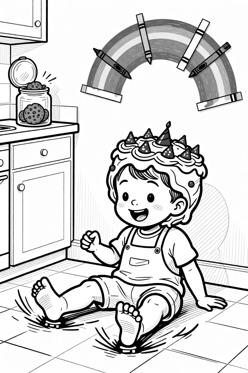 A toddler covered head to toe in birthday cake, steering wildly with both feet dragging as brakes, set in a kitchen with the cookie jar suspiciously open. A crayon rainbow is taped crookedly to the wall. There's an innocent, giggly charm to the whole moment.