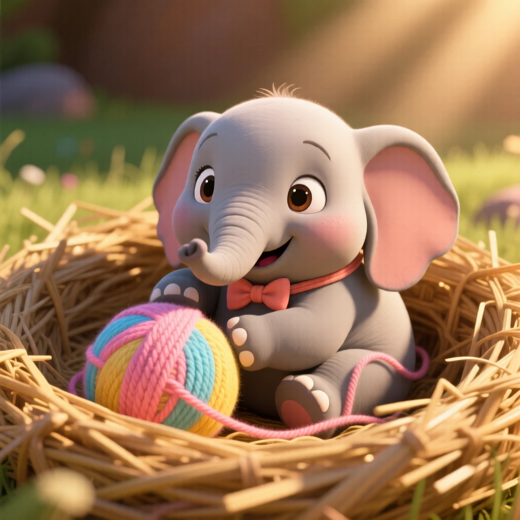 A baby elephant is curled up in a nest of straw, pawing gently at a ball of yarn. Playful joy radiates from the small creature, with a tiny bow tied around its neck.