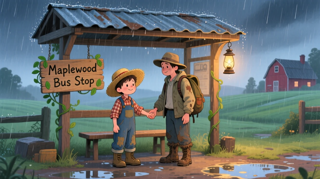 A young farmer and a tired traveler are seen comforting each other after a hard day in a rainy bus stop, as a new friendship quietly begins.
