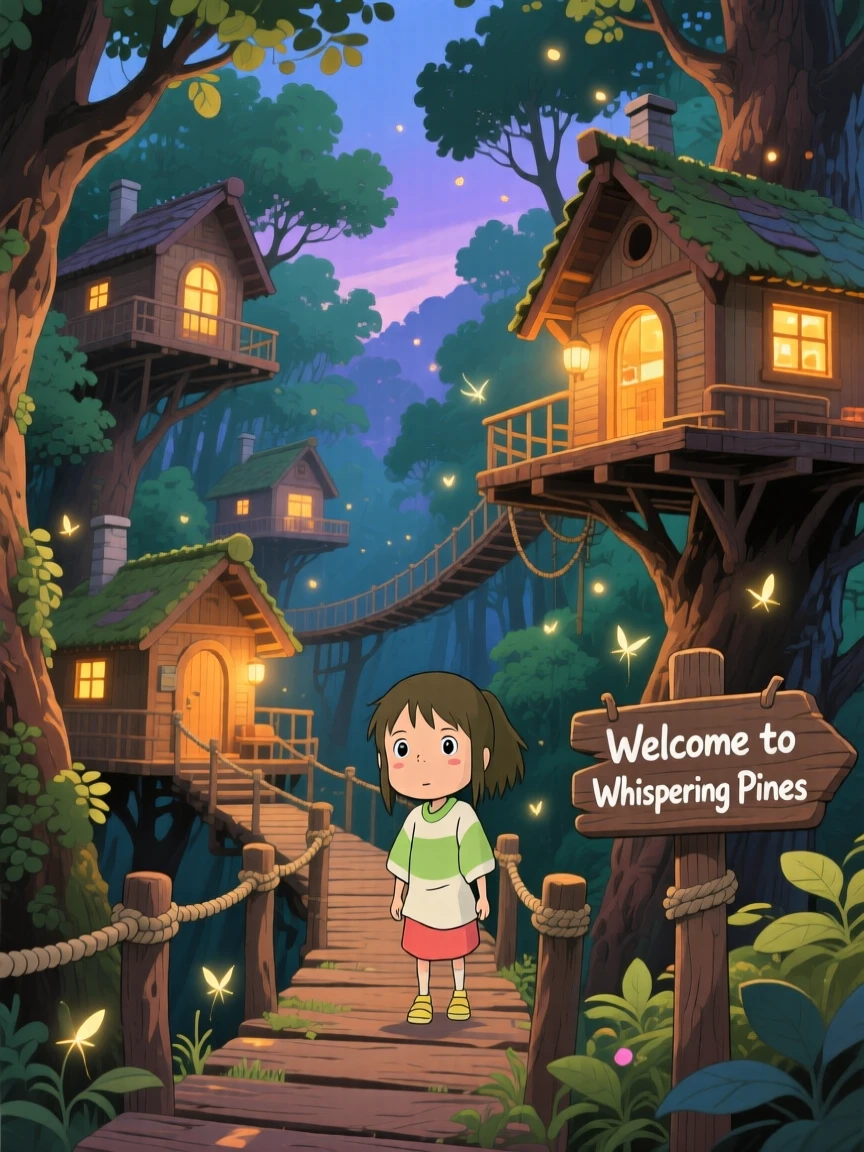 A charming view of a treetop walkway connecting several small wooden cabins, with warm light glowing from every window.